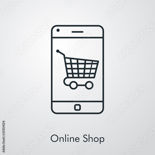 Símbolo de aplicación de tienda en línea. Icono plano lineal con texto Online Shop con carrito de la compra en teléfono inteligente en fondo gris