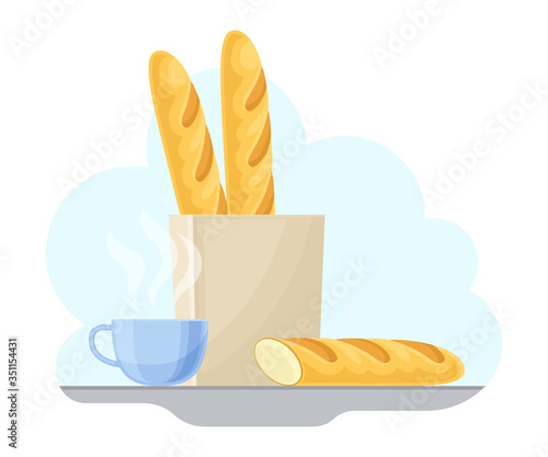 French Food with Crunchy Baguette and Cup of Hot Drink Vector Illustration