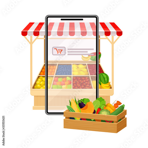 Online Shop App on Tablet Screen with Greengrocery Items in Cart Vector Illustration