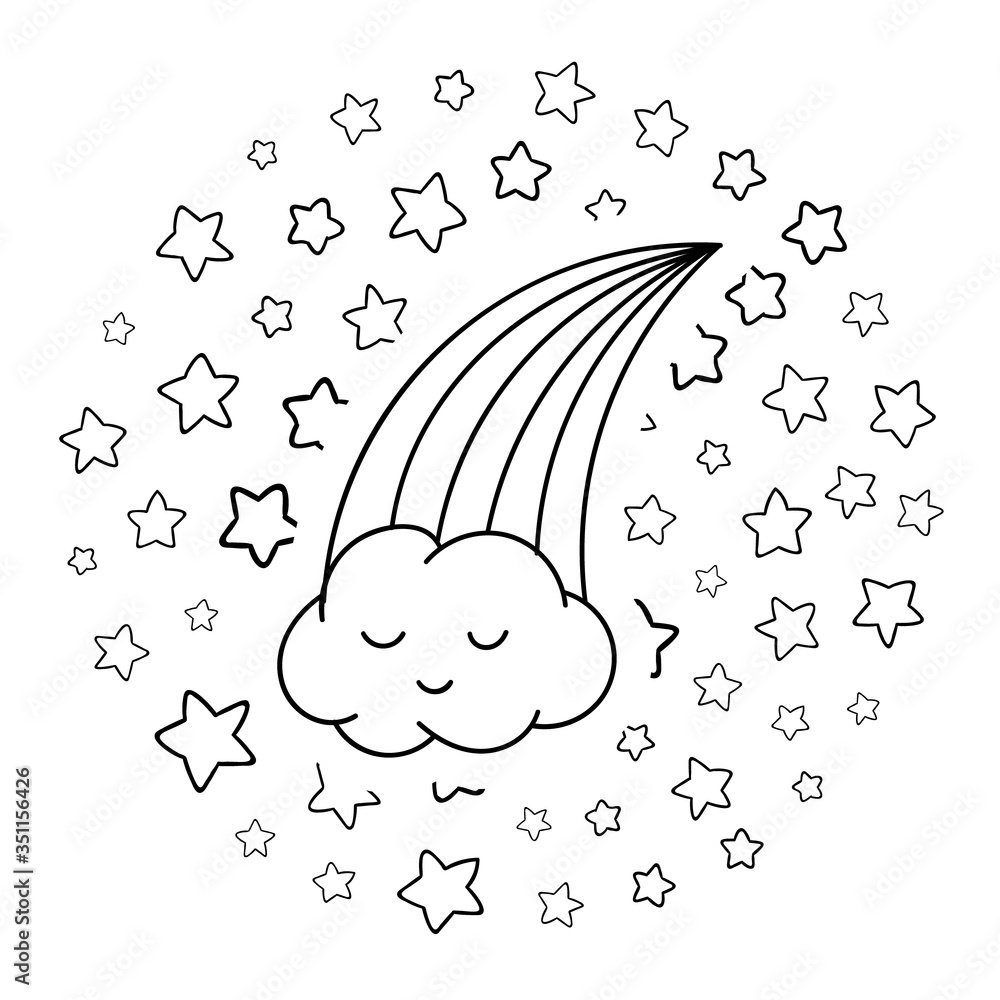 Coloring pages, black and white cute kawaii hand drawn rainbow doodles ...