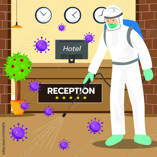 Vector illustration of a coronary injection (Covid-19) personnel sterilizing spray in hotel.