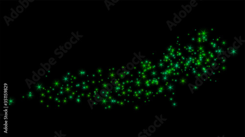 Vector green glitter sparkles wave isolated on black background. Magic glittering path. Green dust vector firework explosion. Glittering star dust trail sparkling particles. Twinkling confetti lights.