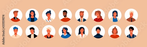 Set different person portrait of big diverse business team vector flat illustration. Collection of people avatars isolated. Bundle of joyful smiling colleagues. Man and woman faces at round frame