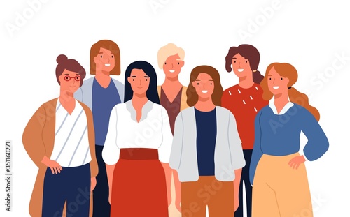 Group portrait of adorable young smiling woman posing together vector flat illustration. Colorful female business team isolated on white background. Funny cute office workers or colleagues.
