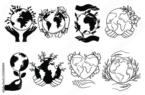 Set of cute earth. Сollection of planet for Earth Day with hands and floral decoration. Ecological symbol. Caring for planet. Vector illustration on a white background.