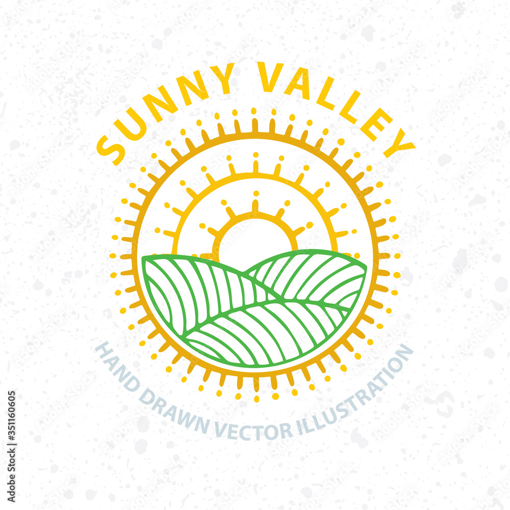 Obraz premium Sunny valley and vineyards hand drawn vector illustration. Nature and meadows. Landscape abstract sign.