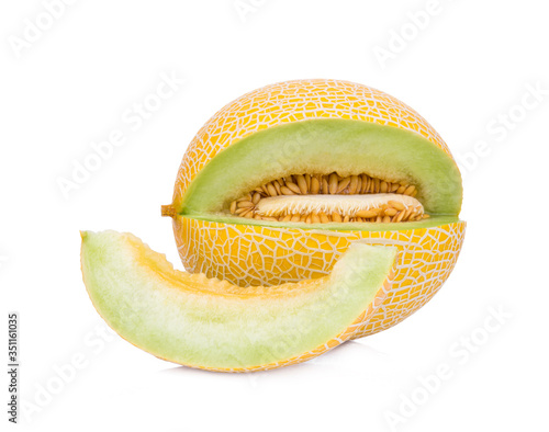 yellow cantaloupe melon with slice isolated on white background