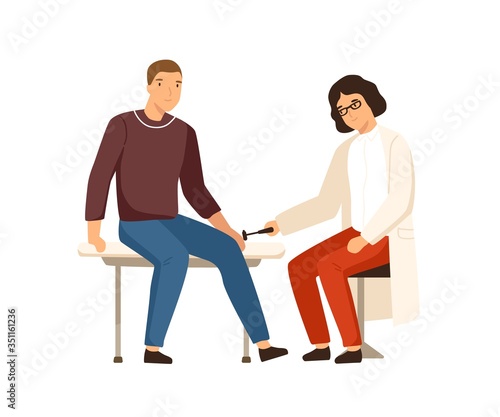 Female neuropathologist examining male patient use reflex hammer vector flat illustration. Man visit doctor during regular medical checkup isolated on white background. Physician work at clinic