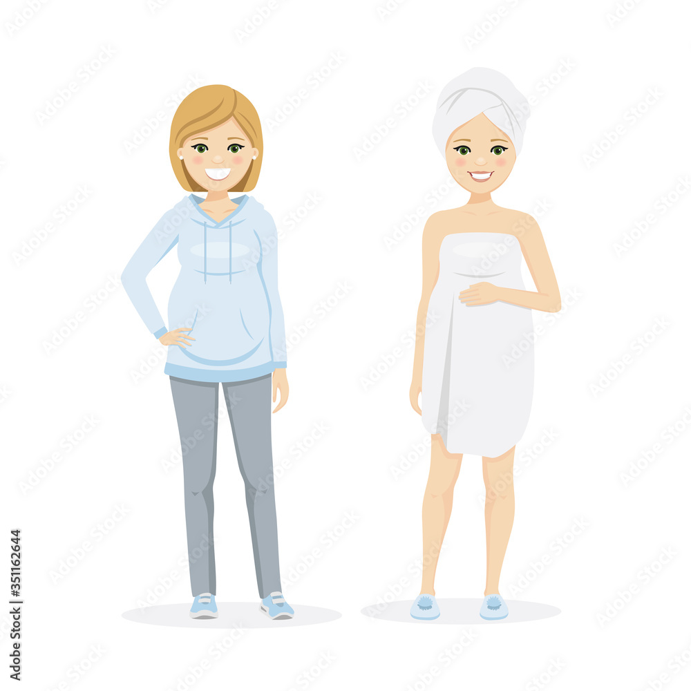 Obraz premium Beautiful pregnant woman with sportwear and after shower. Isolated vector illustration