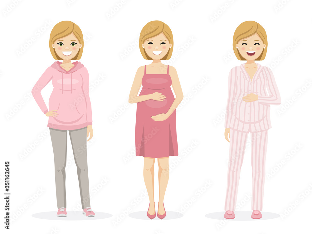 Beautiful pregnant woman with sportwear, dress and pajama. Vector illustration
