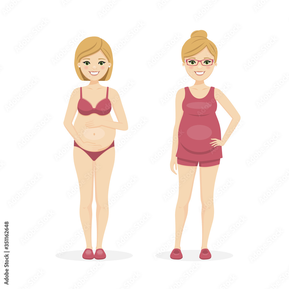 Pregnant woman with underwear and summer clothes. Vector illustration