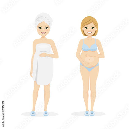 Beautiful pregnant woman in underwear and after shower. Vector illustration