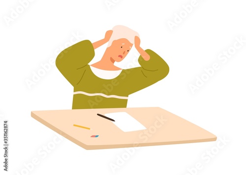 Male pupil panic at exam sitting on desk vector flat illustration. Teenage boy having stress dont know answers to test examination isolated on white background. Displeased student have problem