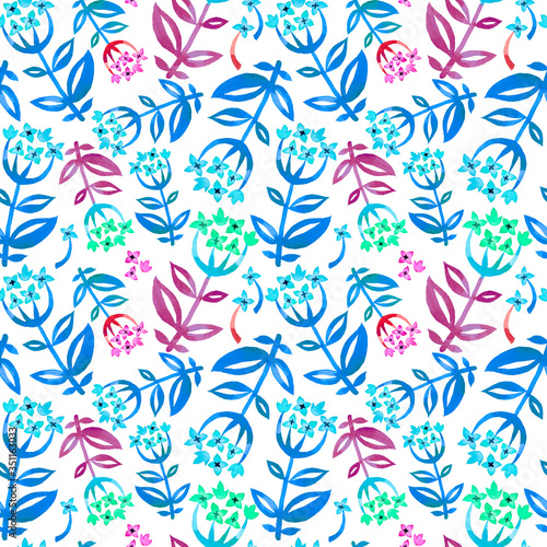 Watercolor drawing kreative flowers in Scandinavian style.Seamless pattern  blue flowerson white background. Fabric design  postcards  Wallpaper  wrapping paper.