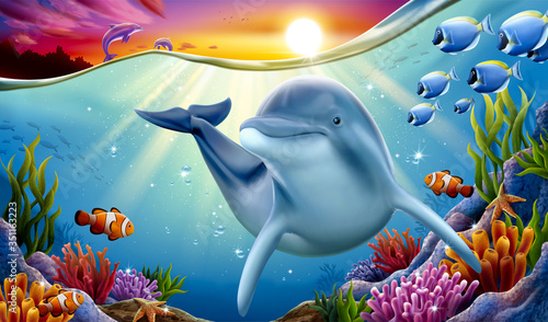 Dolphin playing at coral reef
