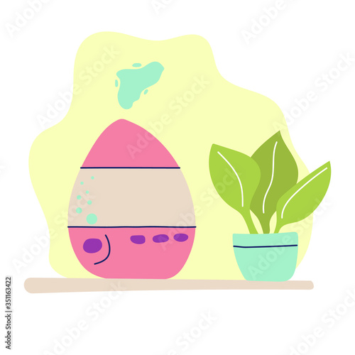 Hand drawn humidifier with plant in the pot. Modern flat illustration. Air fresh, climate control.