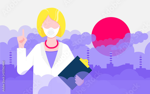 Confused woman doctor in mask against smog. Fine dust, air pollution, industrial smog protection concept flat style design vector illustration. Industrial factory pipes with huge clouds of smoke.
