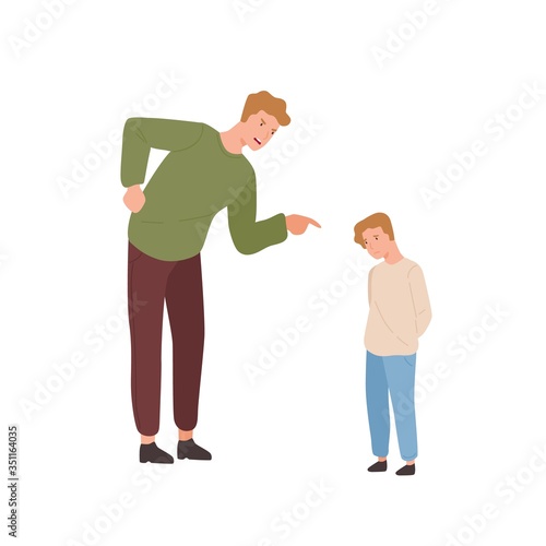 Mad father scolding little son vector flat illustration. Annoyed parent screaming to guilty child pointing finger isolated on white background. Relationship at family, punishment and disobedience