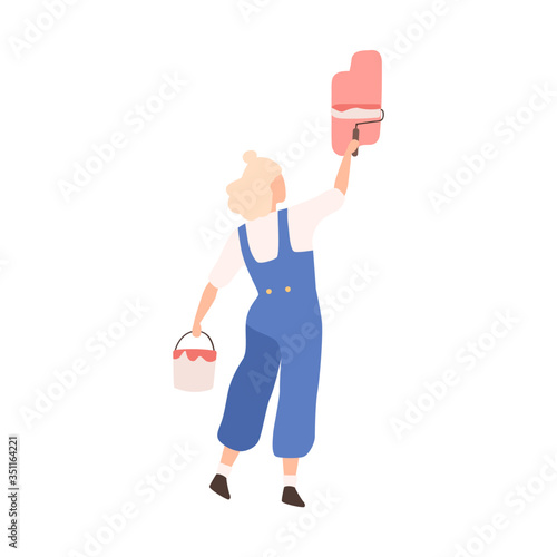 Woman with bucket of paint and roll depict colorful image on wall vector flat illustration