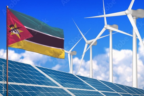 Mozambique solar and wind energy, renewable energy concept with solar panels - renewable energy against global warming - industrial illustration, 3D illustration
