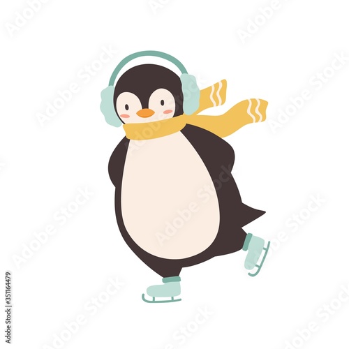 Funny penguin wearing earmuffs and scarf enjoying ice skating vector flat illustration. Cute arctic animal during outdoors activity isolated on white background. Colorful polar baby bird having fun