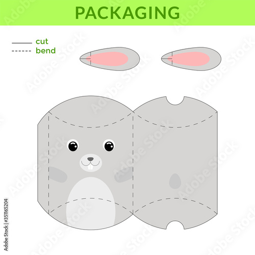 Adorable DIY party favor box for birthdays, baby showers with cute rabbit for sweets, candies, small presents, bakery. Printable color scheme. Print, cut out, fold, glue. Vector stock illustration.