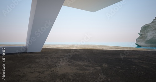 Abstract architectural minimalistic background. Modern villa made of black concrete.   ontemporary interior design. View from the patio to the sea . 3D illustration and rendering.