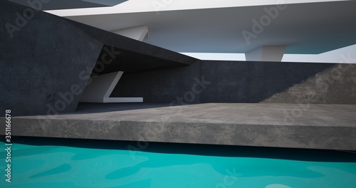 Abstract architectural minimalistic background. Modern villa made of black concrete. Сontemporary interior design. Pool patio view to the sea. 3D illustration and rendering.