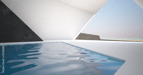 Abstract architectural minimalistic background. Modern villa made of black concrete.   ontemporary interior design. Pool patio view to the sea. 3D illustration and rendering.