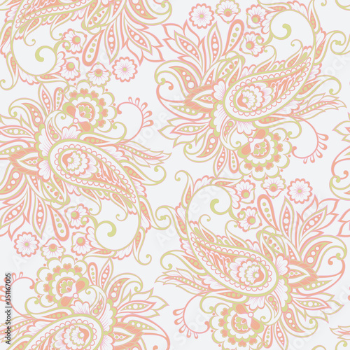 Paisley ethnic seamless pattern with floral elements.