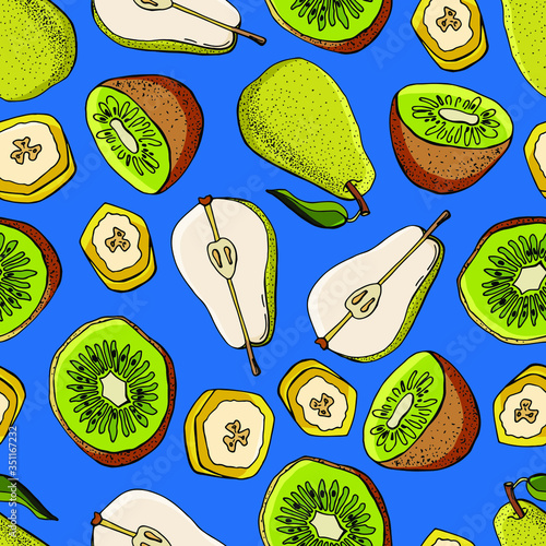 Seamless pattern of pears, kiwi and banana on a blue background. Whole, sliced ​​and halved fruits. Cartoon style. Stock illustration. Design for wallpaper, fabric, textile, packaging.