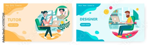 Online art education, tutor. Freelance graphic designer work from home. Video communication and studying concept illustration. Vector web site design template. Landing page website illustration