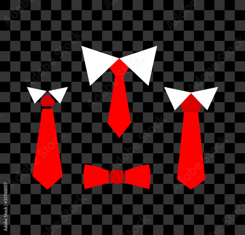 Set of red ties with white shirt collar of different shapes. Holiday red ties on dark background. Vector illustration