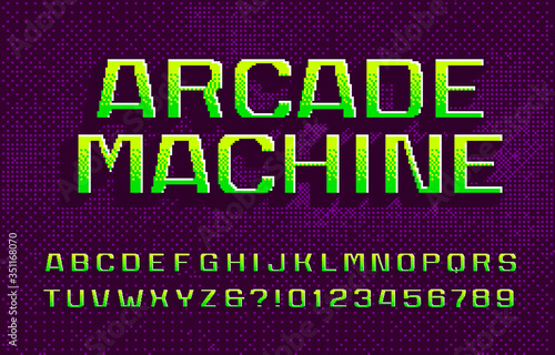 Arcade Machine alphabet font. 3D digital letters and numbers. Abstract pixel background. 80s arcade video game typescript.