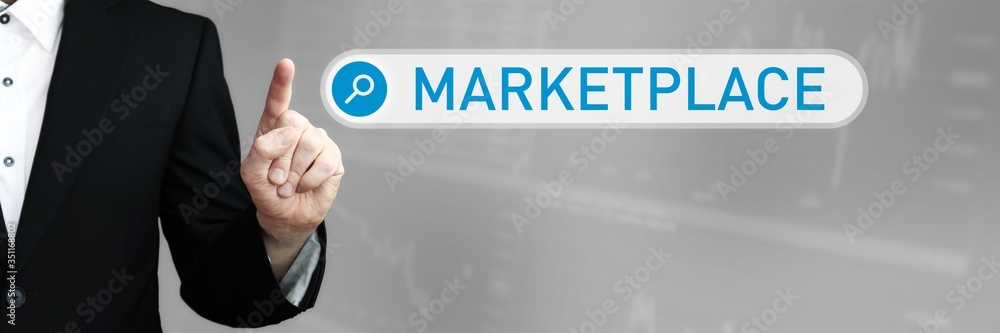 Marketplace. Businessman (Man) in a suit pointing with his finger to a search box. The word is in focus. Blue Background. Business, Finance, Statistics, Analysis, Economy