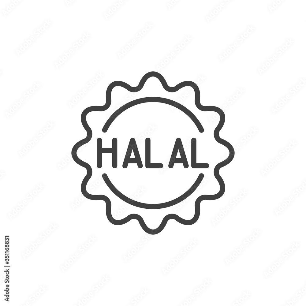 Halal certified label line icon. linear style sign for mobile concept and web design. Halal quality certificate outline vector icon. Symbol, logo illustration. Vector graphics Halal certified label line icon. linear style sign for mobile concept and web design. Halal quality certificate outline vector icon. Symbol, logo illustration. Vector graphics