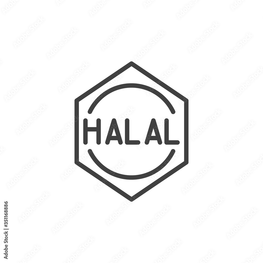 Halal certified label line icon. linear style sign for mobile concept and web design. Halal quality certificate outline vector icon. Symbol, logo illustration. Vector graphics Halal certified label line icon. linear style sign for mobile concept and web design. Halal quality certificate outline vector icon. Symbol, logo illustration. Vector graphics