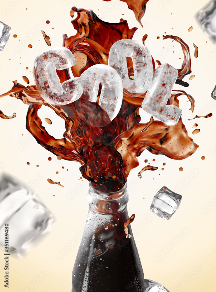 Splashing cola with ice blocks