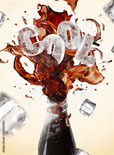 Splashing cola with ice blocks