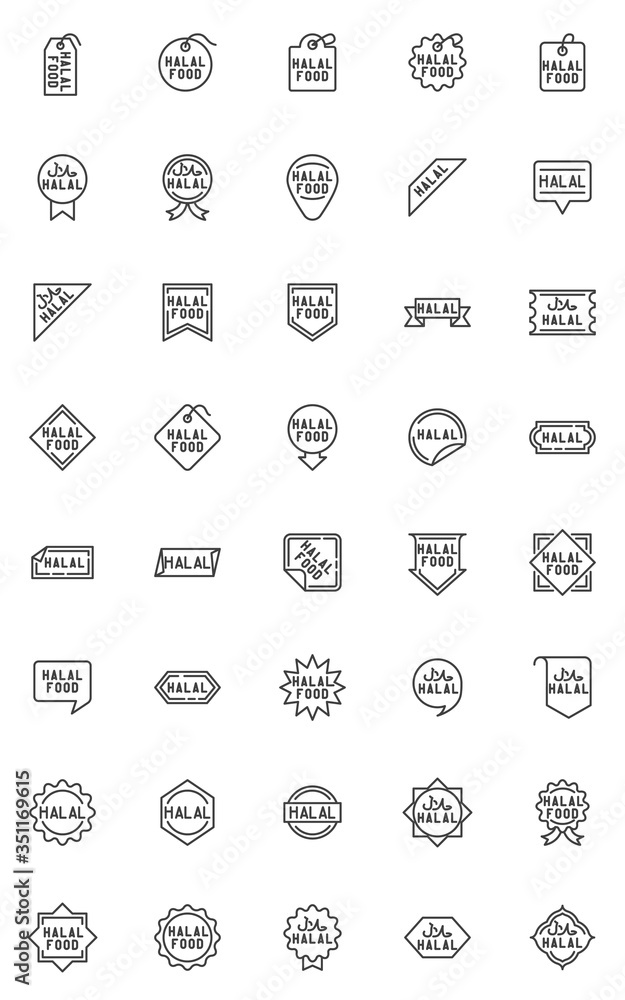 Halal food labels line icons set. linear style symbols collection, outline signs pack. Halal logo design vector graphics. Set includes icons as certificate badge, tag, quality label, banner, flyer Halal food labels line icons set. linear style symbols collection, outline signs pack. Halal logo design vector graphics. Set includes icons as certificate badge, tag, quality label, banner, flyer