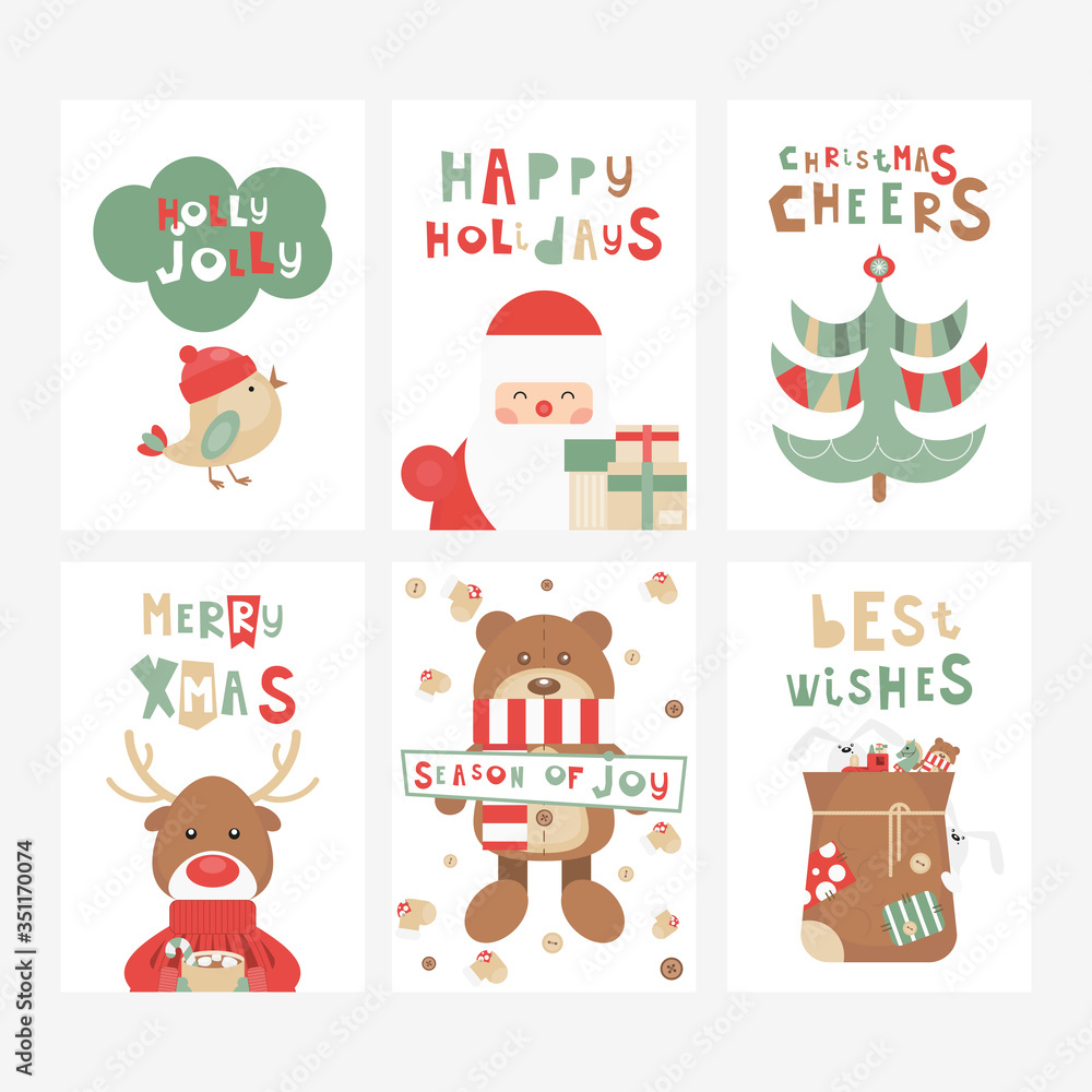 Obraz premium Christmas Greeting Cards or Posters Set - Cartoon Christmas Characters and Objects - Santa, Reindeer, Bear. Kids Illustration for Baby Clothes, Invitations, Nursery Decor. Vector Illustration.