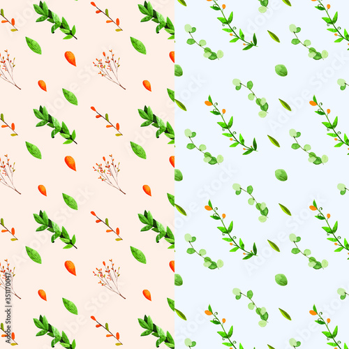 Watercolor Branches and Leaves Seamless Pattern