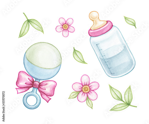 Beanbag and bottle in pink color for a newborn baby girl. Watercolor cute set of elements isolated on a white background.