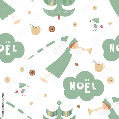 Christmas Seamless pattern - Cute Christmas Characters and Objects - Angel, Trees, Bird. Xmas background. Vector Print for Wallpaper, Packing. Don't contain clipping mask and gradient.