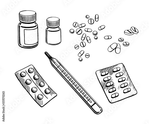 Graphic linear illustration of medicines and a thermometer on white background. Packaging with tablets, vitamins or ointment for treatment.