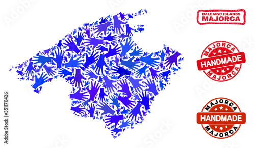 Vector handmade collage of Majorca map and rubber stamps. Mosaic Majorca map is organized with scattered blue hands. Rounded and awry red stamp imprints with unclean rubber texture.