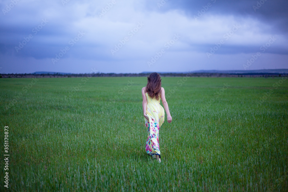 Alone pretty woman walking in the field of green grass in overcast sky . Young happy girl dressed maxi dress enjoy the freedom of the meadow Alone pretty woman walking in the field of green grass in overcast sky . Young happy girl dressed maxi dress enjoy the freedom of the meadow