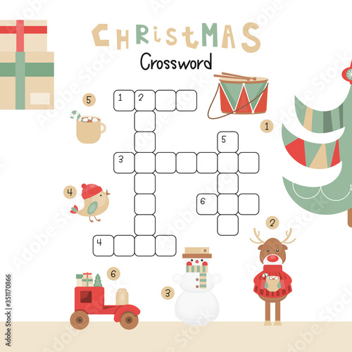 Christmas Kids Crossword in English. Puzzle Game with Cartoon Christmas Characters and Symbols - Snowman, Reindeer, Bird, Drum, Cacao. Games for Preschool, Kindergarten, School. Vector Illustration.