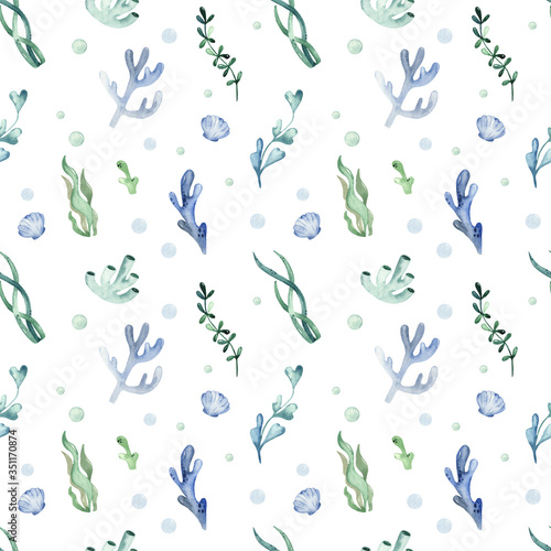 Watercolor seamless pattern with algae, corals on a white background.