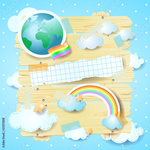 Planet earth on wooden panel and rainbow flag, concept illustration